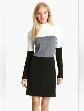 Vintage Milly Colorblock Wool Sweater Dress Gray Black Ivory Size L Retro Mod